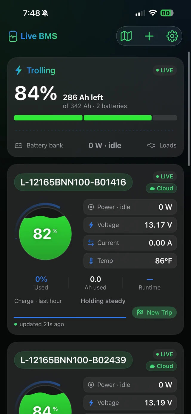 Live BMS dashboard showing a battery bank at 84 percent