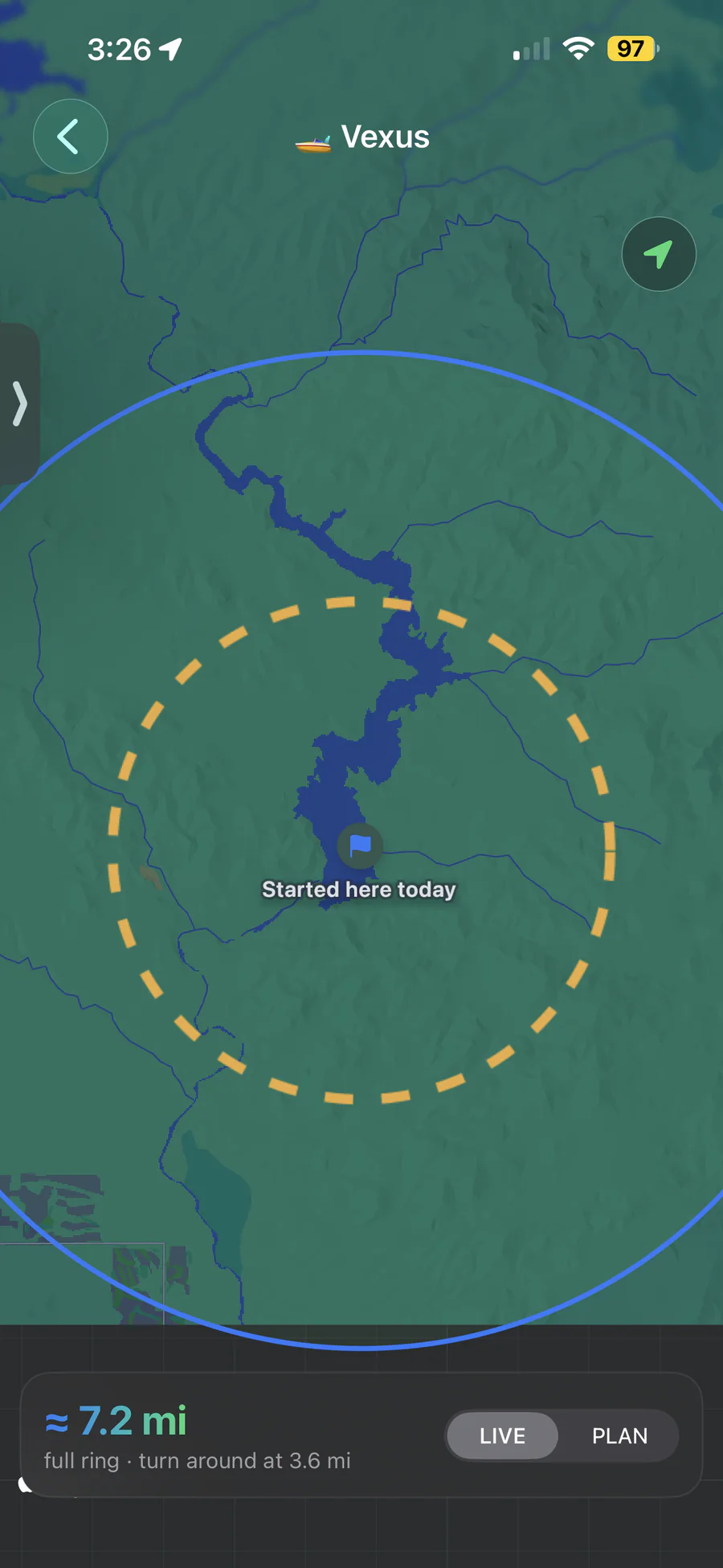 Live Range Ring on the lake: 7.2 miles remaining, turn around at 3.6 miles