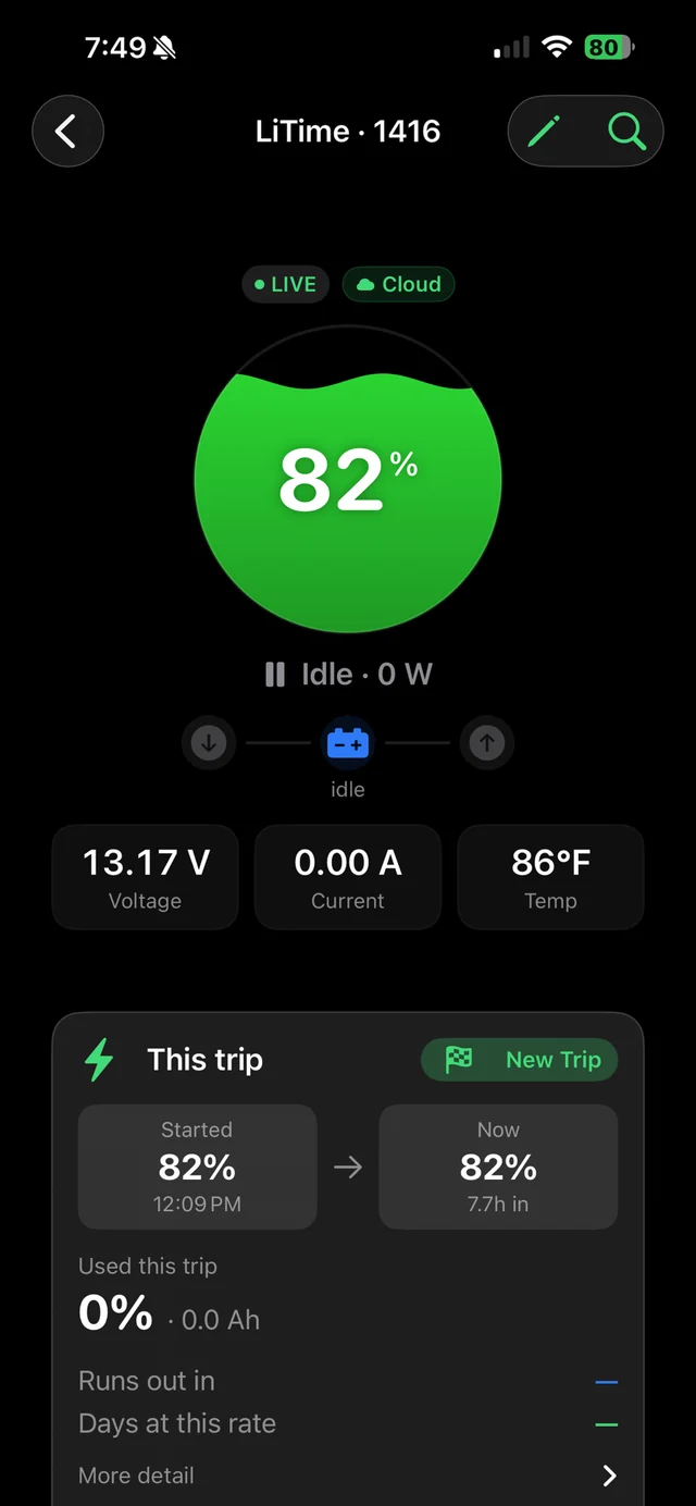 Battery detail with charge ring and live watts