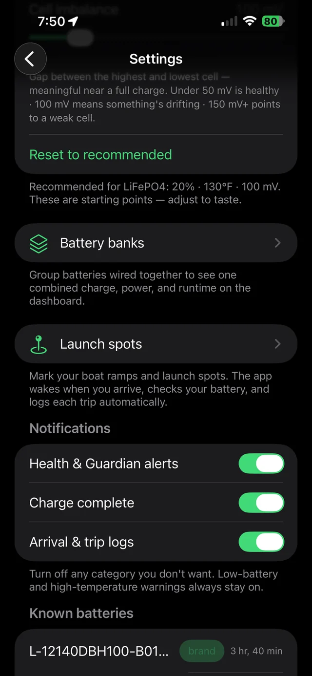 Settings with banks, launch spots and notifications
