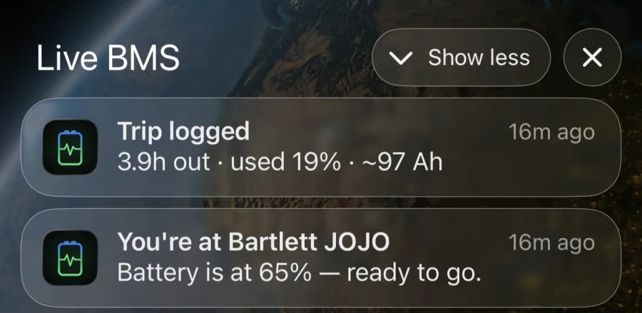 Live BMS notifications: trip logged after 3.9 hours, and arrival at Bartlett with the battery at 65 percent