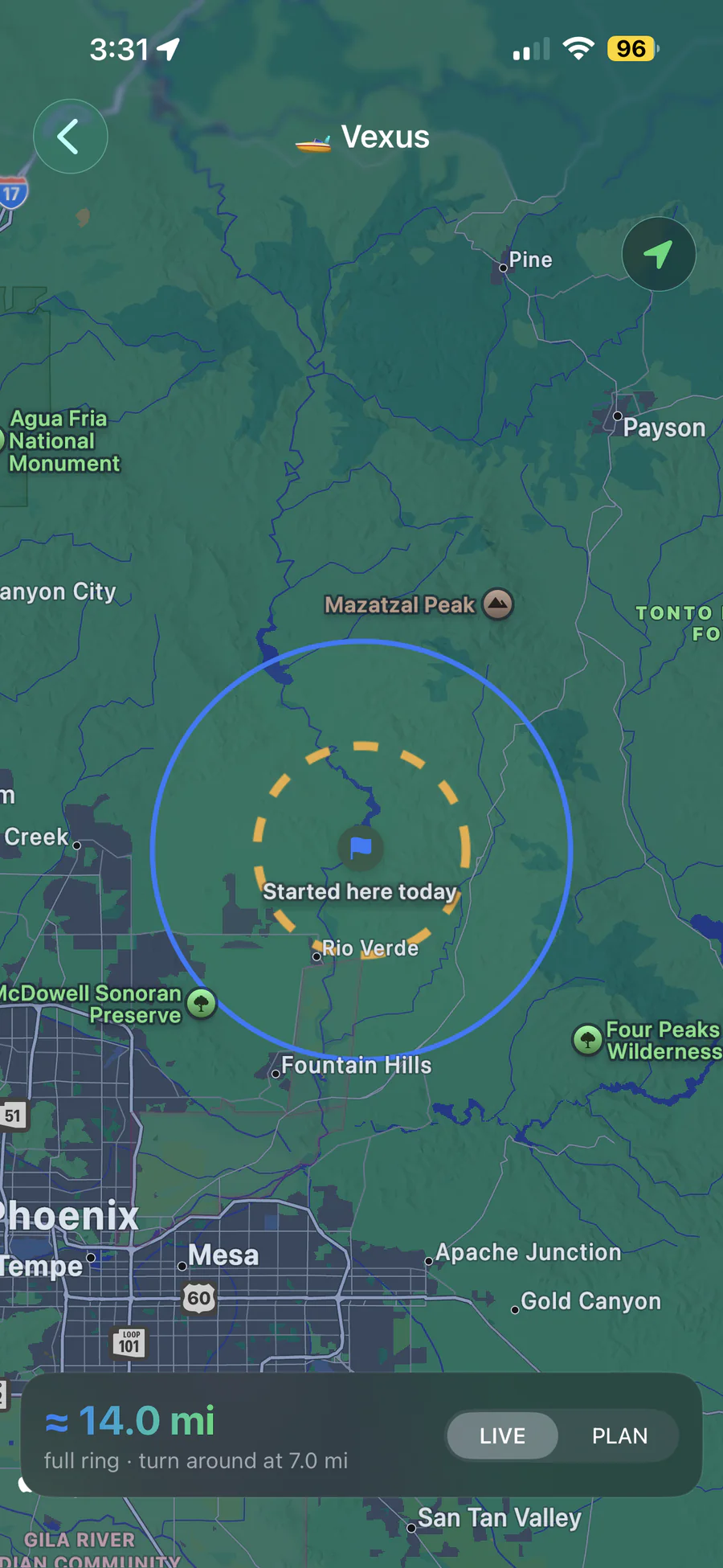Live Range Ring zoomed out over real terrain, showing a 14 mile ring
